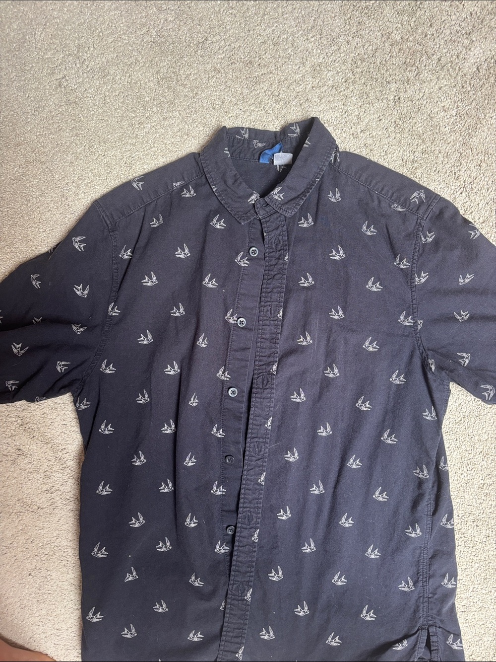 Divided Navy Short-Sleeve Button-Up Shirt with White Bird Print